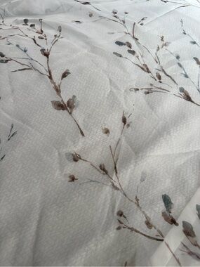 Soft Floral Branch Print sheer curtain panels– White with Brown and Sage Accents
